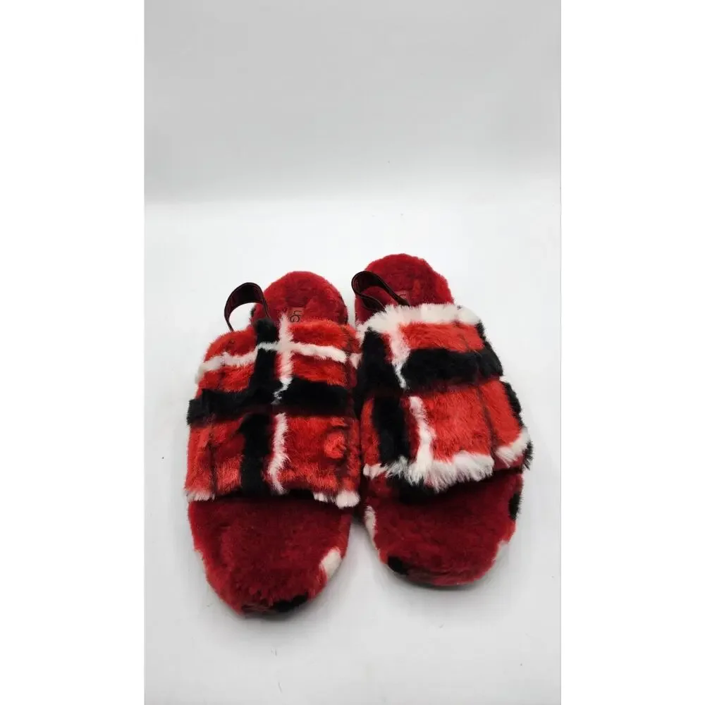 UGG Fluff Yeah Slide Slippers Plaid Punk Red Black White 1131630K Sz 6 Youth